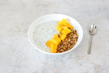 a bowl of oatmeal with pieces of mango, chia seeds and milk and a spoon next to it