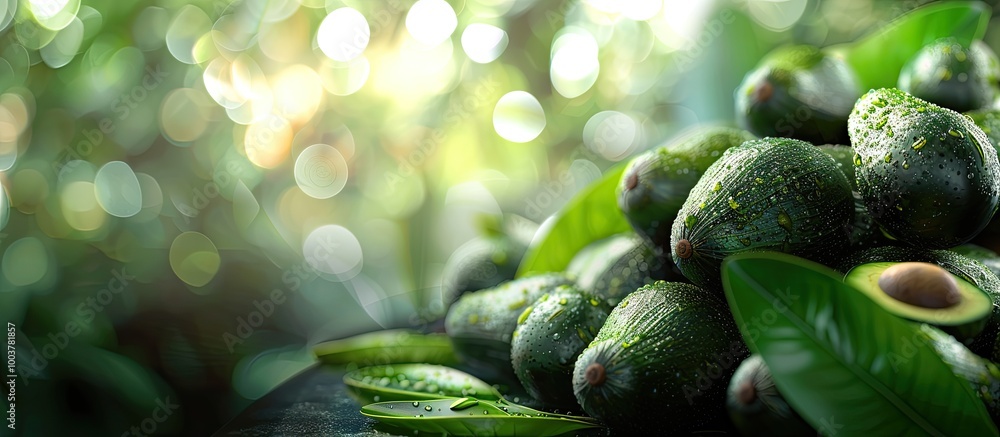 Poster a stack of avocados available for purchase in the market fruit backdrop close up. copy space image. 