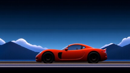 Red Sports Car in Night Landscape: A sleek, crimson sports car stands majestically against a backdrop of majestic, snow-capped mountains bathed in the ethereal glow of a moonlit night. The car.