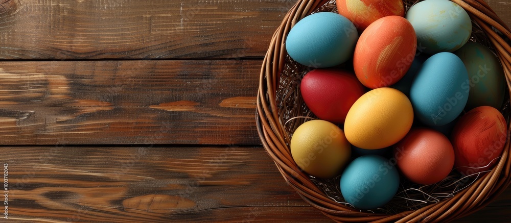 Poster easter holidays traditions and object concept a close up of colored eggs in a wicker basket set agai