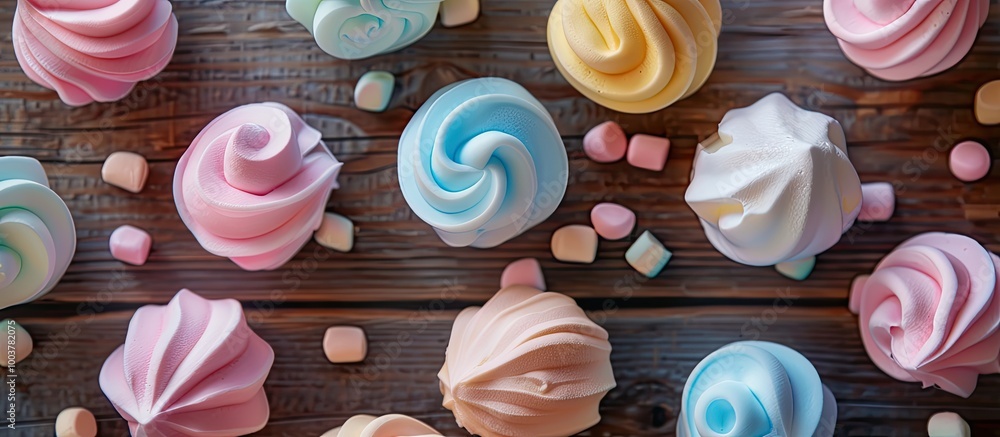 Poster colored sweet dessert marshmallows on a wooden background airy marshmallows confectionery background