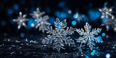 Magical white snowflakes over glitter dark background