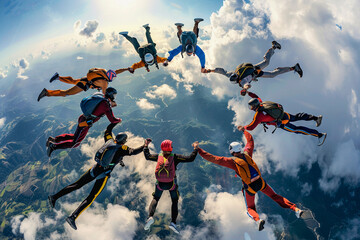 Parachutist with parachute makes heavenly adventure against backdrop of landscape
