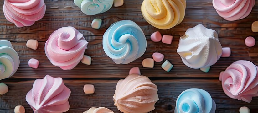 Colored sweet dessert marshmallows on a wooden background Airy marshmallows Confectionery Background featuring sweet marshmallow cookies. Copy space image. Place for adding text and design