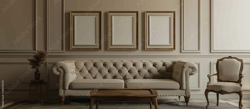Poster classic sofa vacant frames on the wall and a table with a chair in a cozy room. copy space image. pl