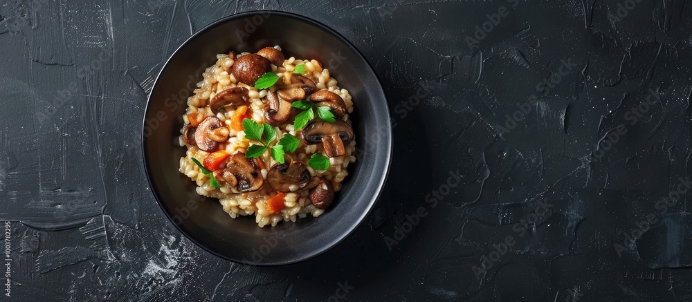 Poster top view of a bowl of mushroom risotto on a dark grunge surface with room for text or other elements