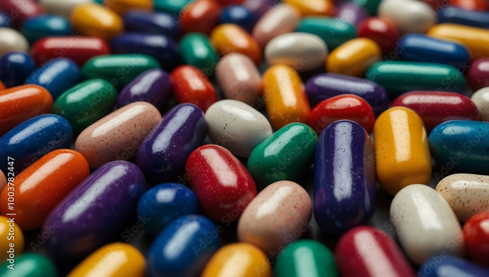 Poster a vibrant display of capsules arranged aesthetically on a smooth surface.