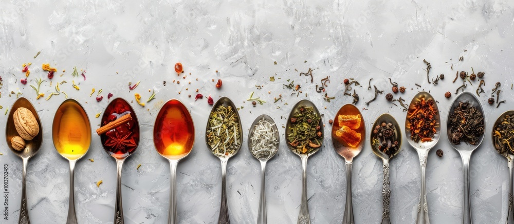 Aufkleber various types of tea in spoons on a gray stone surface. copy space image. place for adding text and 
