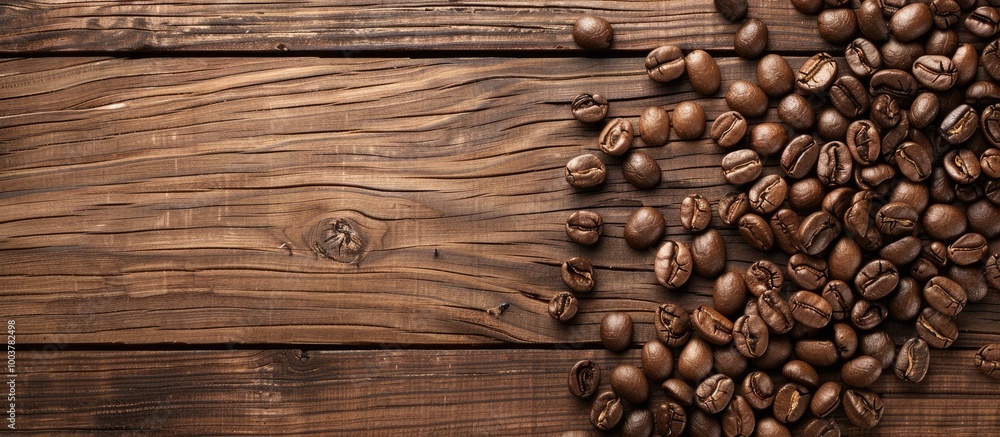 Poster coffee beans on a wooden table seen from above. copy space image. place for adding text and design