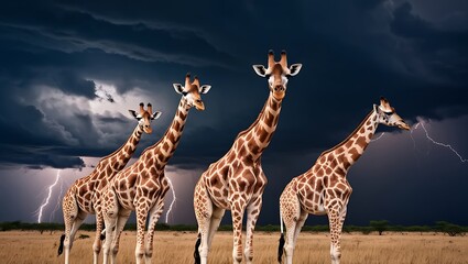This breathtaking image captures a group of giraffes standing calmly in the savanna, watching a dramatic thunderstorm unfold in the distance.