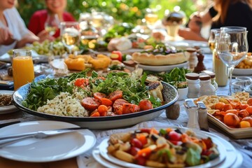 A large platter of fresh salad with rice, roasted vegetables, and bread, is set on a table full of food, plates, glasses, and silverware.