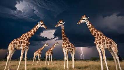 This breathtaking image captures a group of giraffes standing calmly in the savanna, watching a dramatic thunderstorm unfold in the distance.