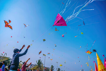Beautiful greeting card with colorful kites soaring high above vibrant sky to holiday composition