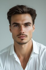 Fototapeta premium Stylish man in a crisp white shirt poses with confidence in a serene indoor setting