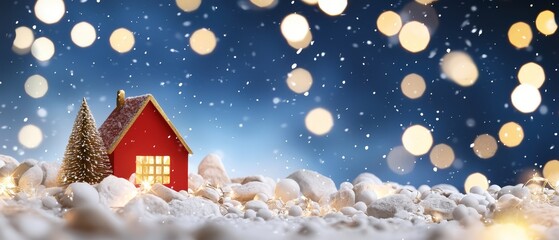 Fototapeta premium A tiny red house perched atop a snowy mound, adjacent to a forest teeming with snowflakes