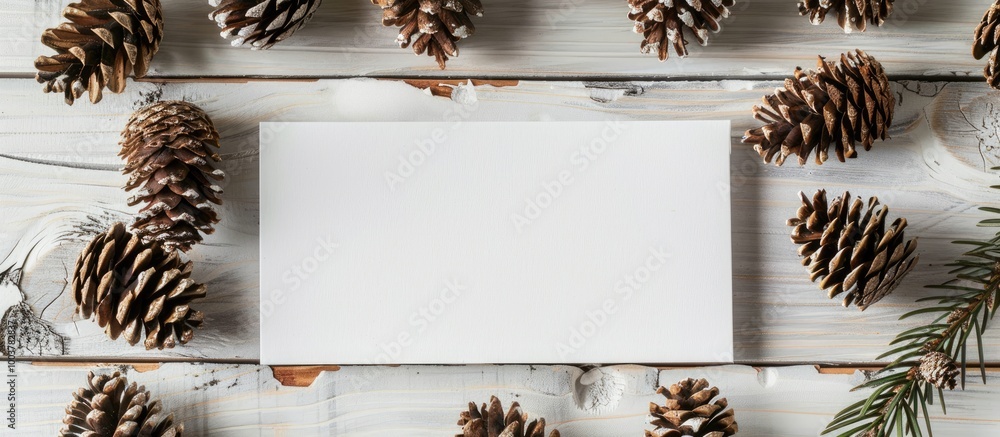 Poster flat lay arrangement featuring pinecones and a blank card on a white wooden surface providing space 