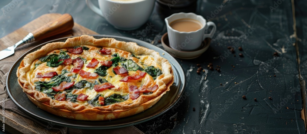 Poster french cuisine regional dishes spinach and bacon quiche with cafe latte. copy space image. place for