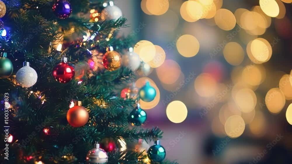 Poster christmas tree adorned with colorful ornaments and twinkling lights, creating a warm and festive atm