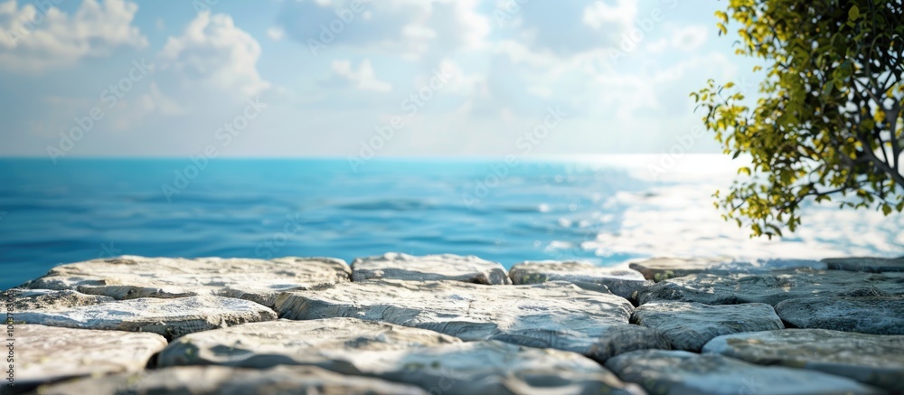 Poster beautiful natural backdrop featuring a blue sea in the background and a stone surface in focus posit