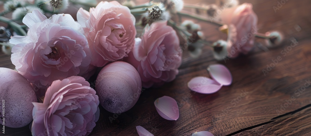 Aufkleber eustoma blossoms alongside easter eggs. copy space image. place for adding text and design