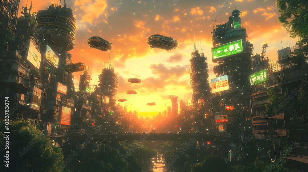 Canvas Prints Futuristic Cityscape with Flying Vehicles and Sunset