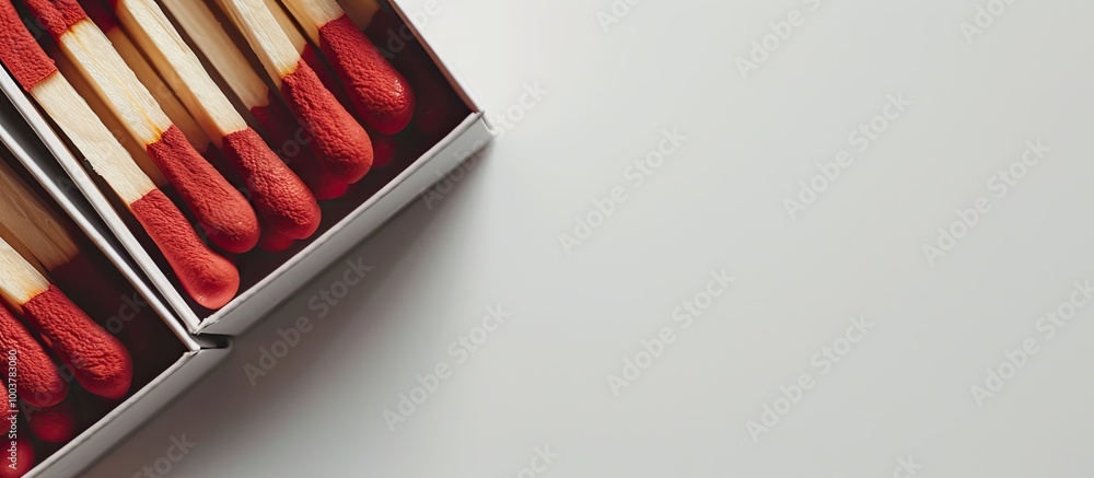 Poster close up of open matchboxes set against a white background. copy space image. place for adding text 