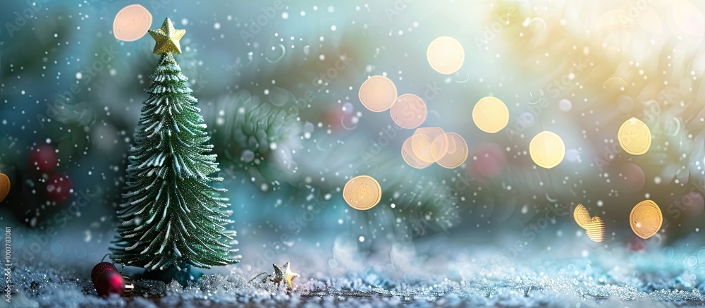 Poster miniature christmas tree decoration with a bokeh background. copy space image. place for adding text