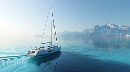 Fototapeta premium Luxurious white sailboat with sleek design and towering mast glides effortlessly across calm turquoise water, majestic backdrop of distant mountain range fading into horizon 