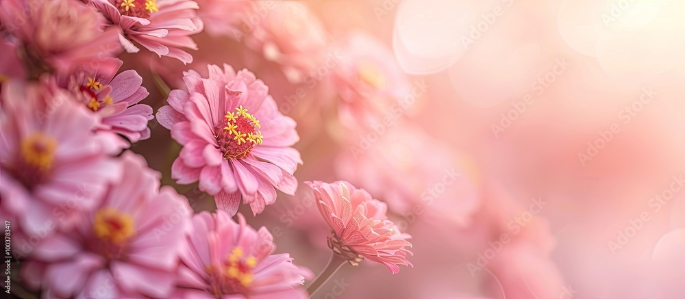 Poster blurred lovely pink zinnia flowers with soft colors for background. copy space image. place for addi