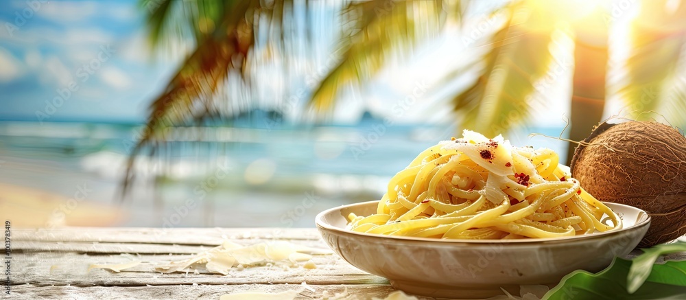 Aufkleber spaghetti carbonara and a coconut beneath a palm tree. copy space image. place for adding text and d