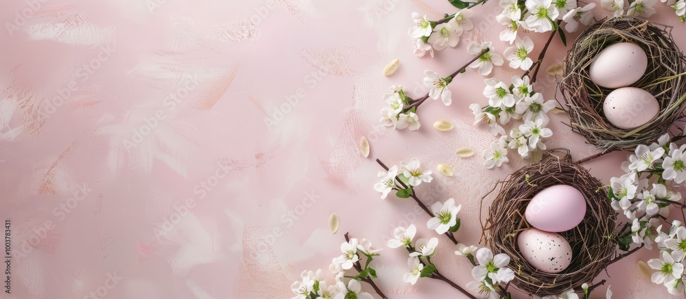 Poster spring easter holiday top view flat lay background featuring eggs in nests and spring flowers greeti