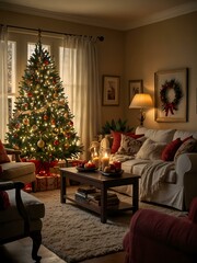 A warm living room with Christmas decorations and twinkling lights for the holidays.