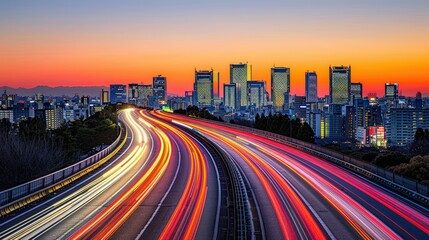 Obraz premium Vibrant Cityscape at Sunset with Light Trails