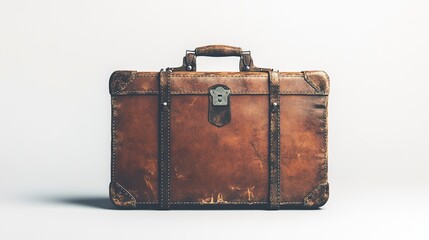 Large vintage - leather suitcase with a handle, standing on a white background 
