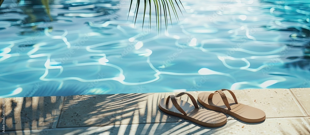 Poster flip flops near the swimming pool. copy space image. place for adding text and design