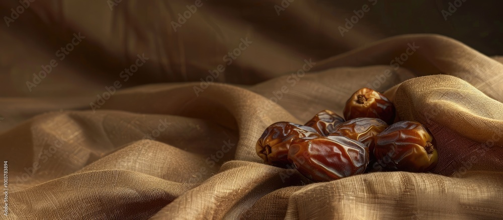 Poster dried dates set against a brown fabric background dof and copy space