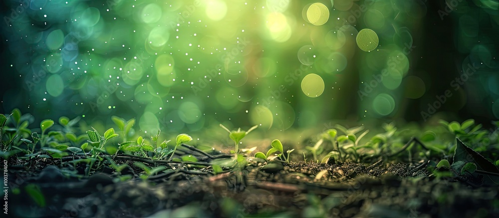 Poster blur and bokeh the green illumination in the forest. copy space image. place for adding text and des