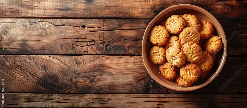 Poster bowl of biscuits on a wooden table aerial view. copy space image. place for adding text and design