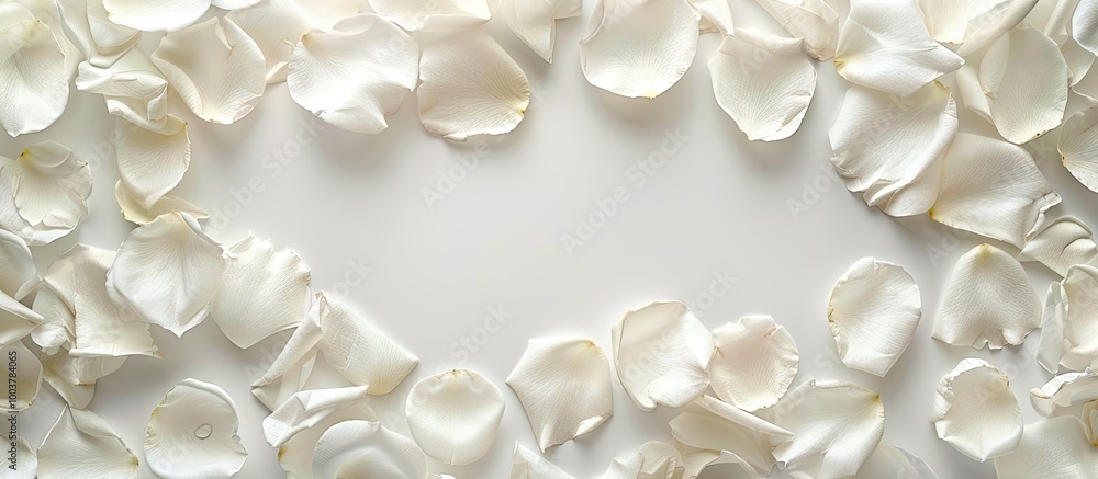 Poster frame crafted from white rose petals on a white background romantic and love themed. copy space imag