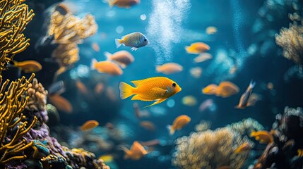 Obraz premium Colorful fish swim in a coral reef. The photo is perfect for websites, articles, or presentations about marine life.