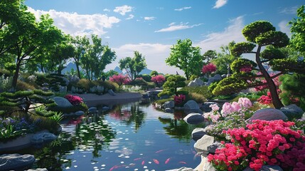 Fototapeta premium A serene Japanese garden featuring a koi pond surrounded by meticulously pruned bonsai trees and vibrant azalea bushes in bloom