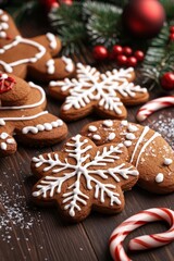  A wooden table is topped with an array of cookies, generously covered in icing Nearby, candy canes stand at attention