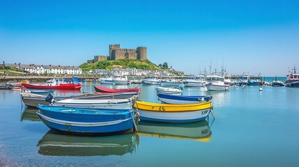Obraz premium Fishing and pleasure boats, the pier bullworks and Gorey Castle in the background with blue sky. 