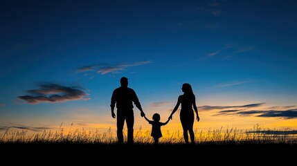 Fototapeta premium A silhouette of a family holding hands against a sunset backdrop.