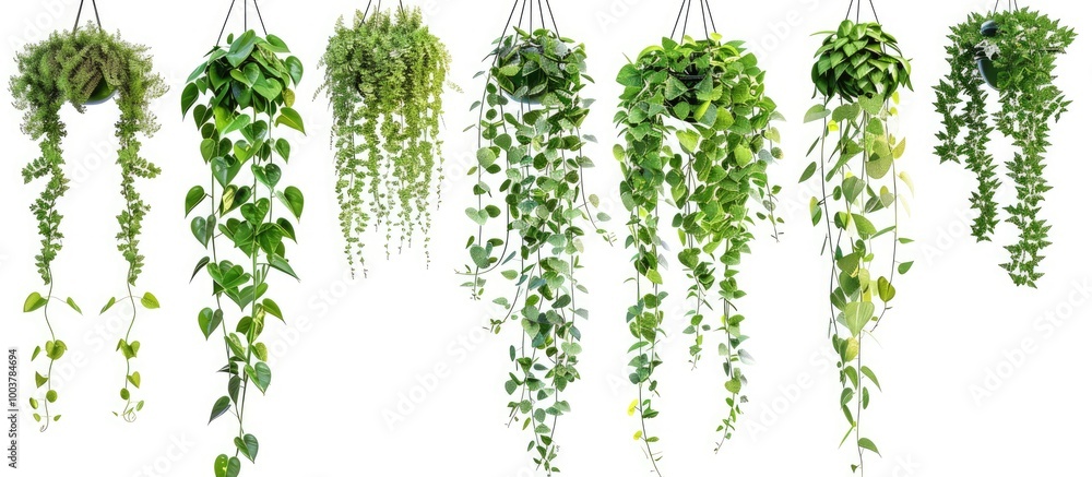 Poster green hanging plant collection isolated on white background. copy space image. place for adding text