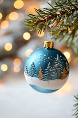  A blue and white ornament hangs from a Christmas tree against a softly blurred backdrop of twinkling holiday lights