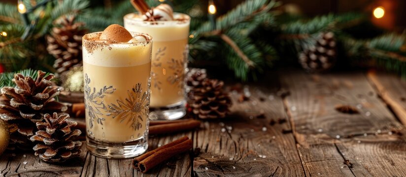Christmas Bombardino cocktail from Livigno featuring egg liqueur VOV and rum seasoned with cinnamon and spices Set against a wooden background adorned with Christmas decorations with copyspace