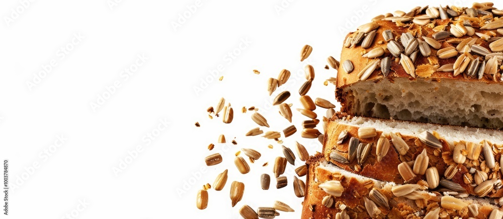 Poster a loaf of bread topped with sunflower seeds set against a white background. copy space image. place 
