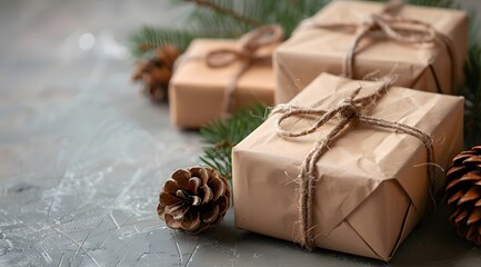 Green Holiday Design: Wrapped Present with Spruce and Pine Cone, Minimalist Approach