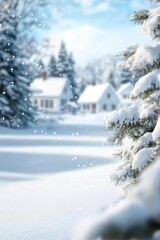 pine tree foreground, snow-covered house background..Or, for a more descriptive version:..A serene winter scene features a pine